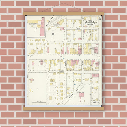 Old map wall art mockup — magnetic wood frame on brick wall — Sanborn Fire Insurance Map from West Jefferson, Madison County, Ohio (1910), Sheet #0002