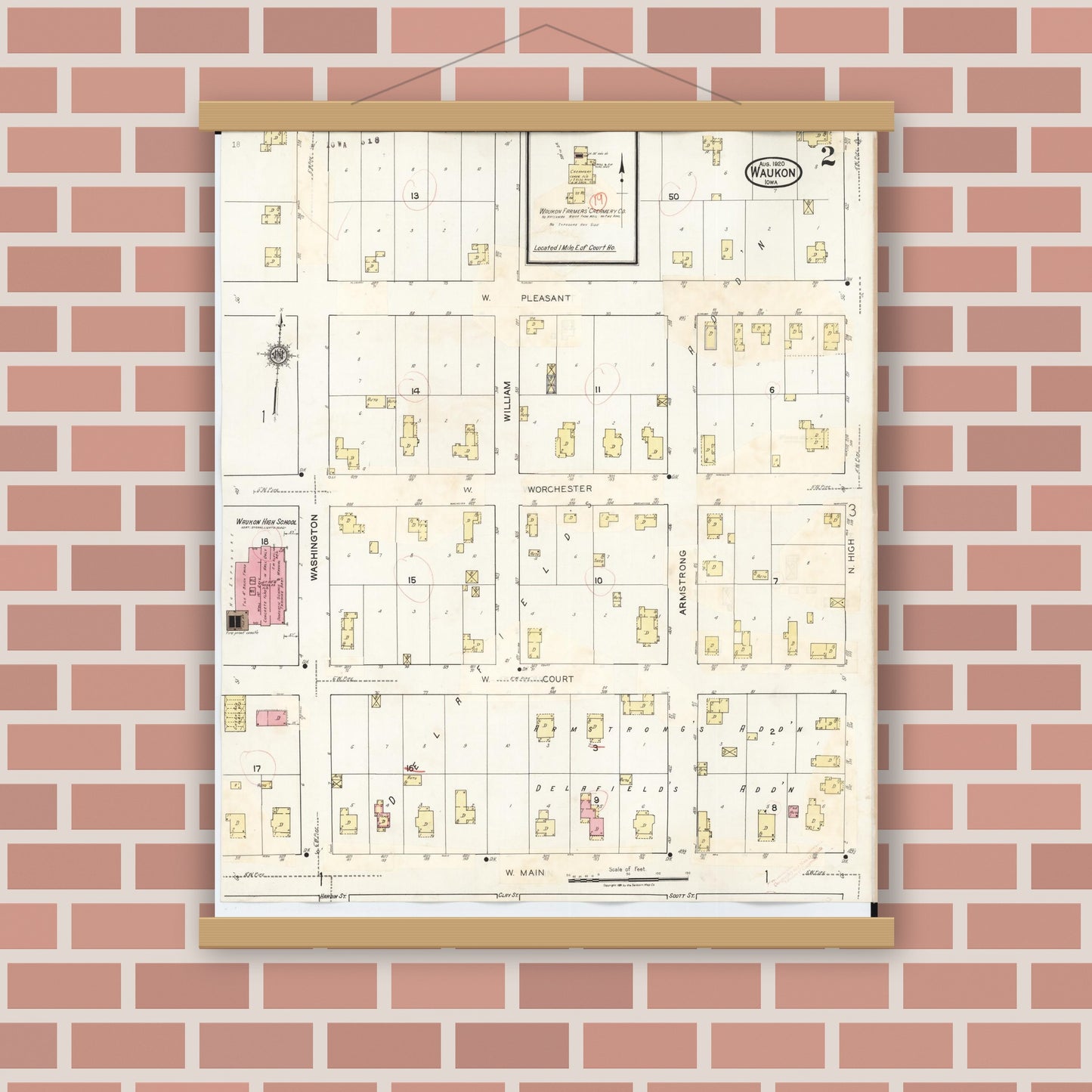 Old map wall art mockup — magnetic wood frame on brick wall — Sanborn Fire Insurance Map from Waukon, Allamakee County, Iowa (1934), Sheet #0002