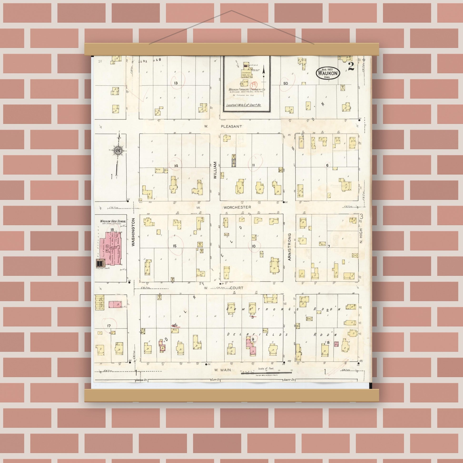Old map wall art mockup — magnetic wood frame on brick wall — Sanborn Fire Insurance Map from Waukon, Allamakee County, Iowa (1934), Sheet #0002