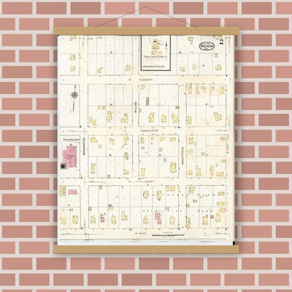 Old map wall art mockup — magnetic wood frame on brick wall — Sanborn Fire Insurance Map from Waukon, Allamakee County, Iowa (1934), Sheet #0002