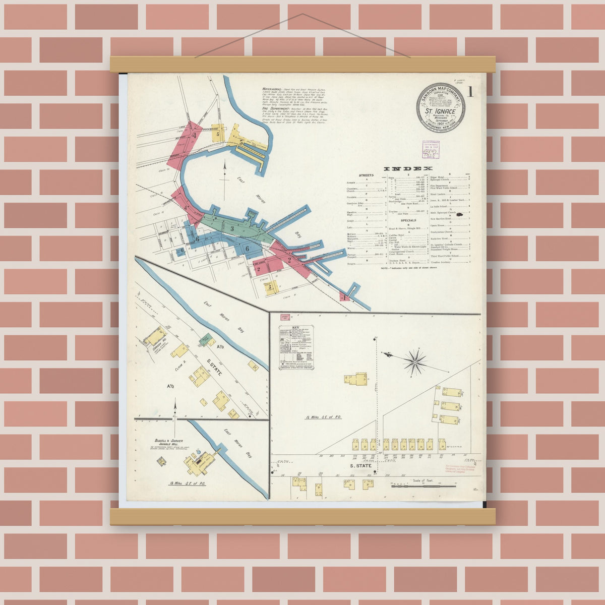 Old map wall art mockup — magnetic wood frame on brick wall — Sanborn Fire Insurance Map from Saint Ignace, Mackinac County, Michigan (1907), Sheet #0001