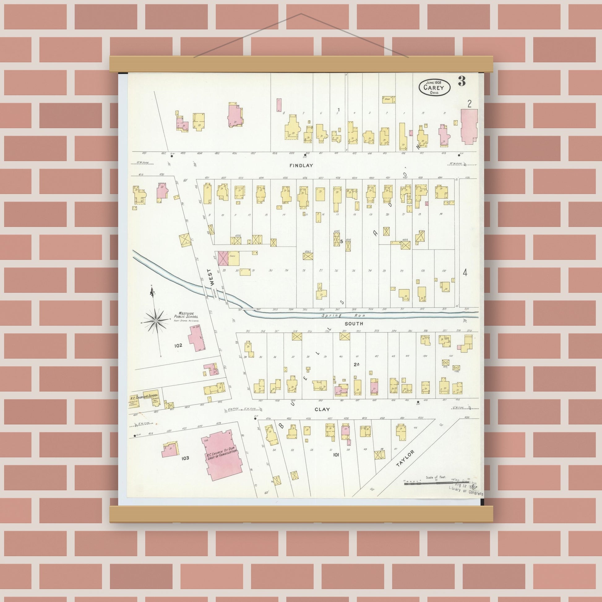 Old map wall art mockup — magnetic wood frame on brick wall — Sanborn Fire Insurance Map from Carey, Wyandot County, Ohio (1908), Sheet #0003