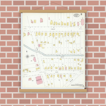 Old map wall art mockup — magnetic wood frame on brick wall — Sanborn Fire Insurance Map from Carey, Wyandot County, Ohio (1908), Sheet #0003