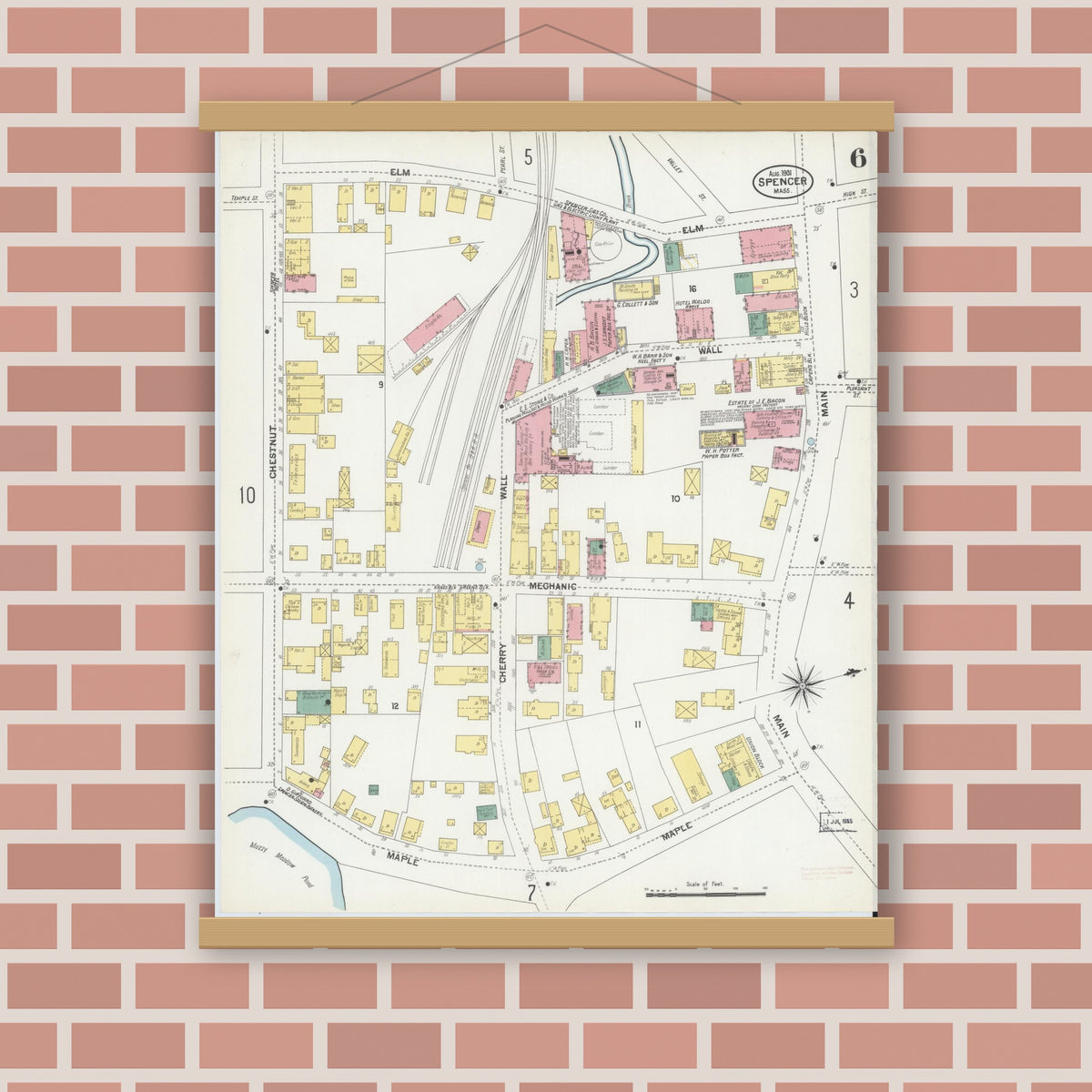 Old map wall art mockup — magnetic wood frame on brick wall — Sanborn Fire Insurance Map from Spencer, Worcester County, Massachusetts (1901), Sheet #0006