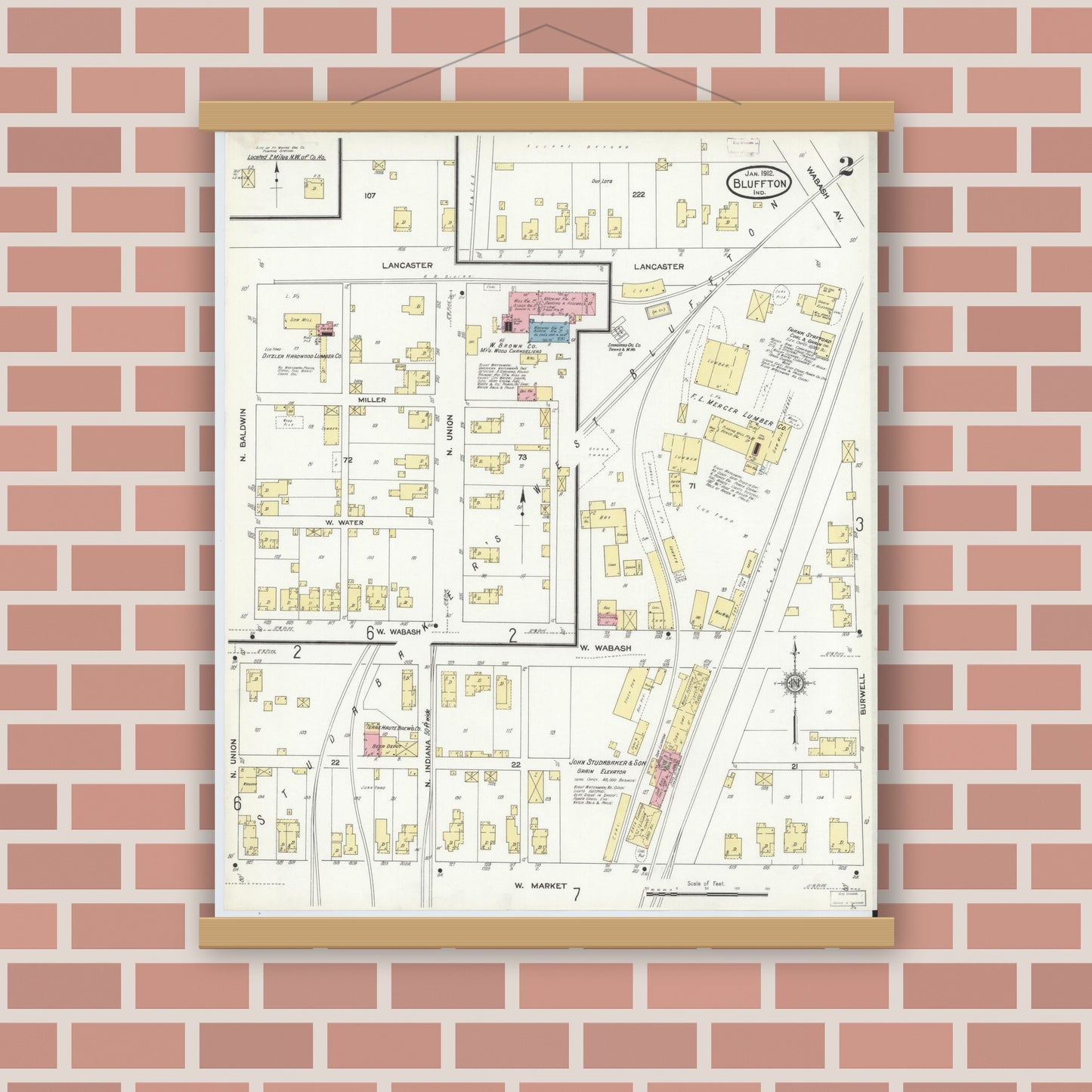Old map wall art mockup — magnetic wood frame on brick wall — Sanborn Fire Insurance Map from Bluffton, Wells County, Indiana (1912), Sheet #0002