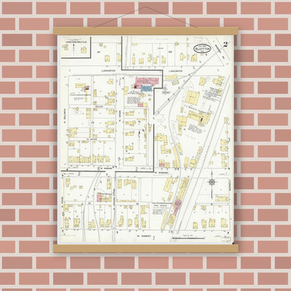 Old map wall art mockup — magnetic wood frame on brick wall — Sanborn Fire Insurance Map from Bluffton, Wells County, Indiana (1912), Sheet #0002
