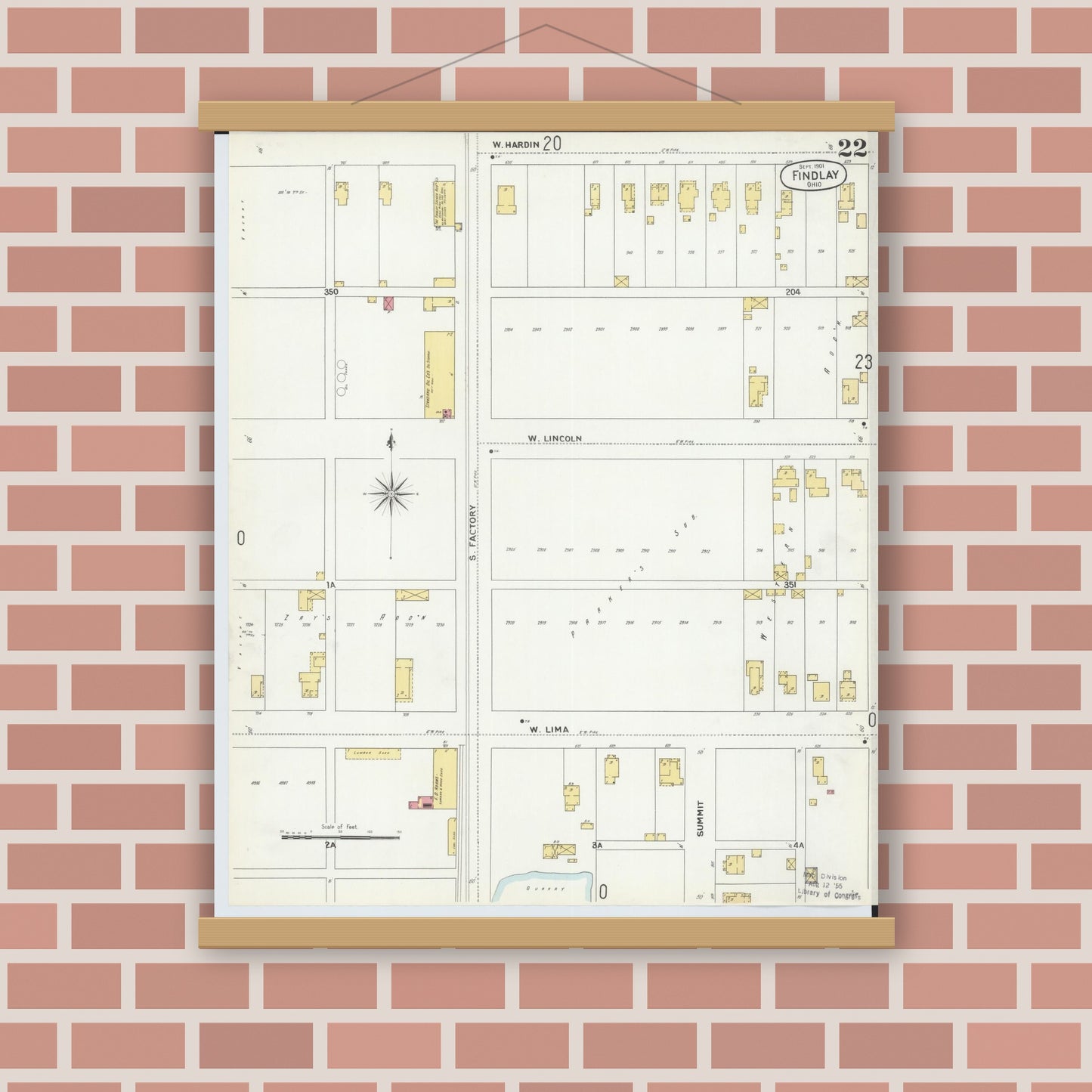 Old map wall art mockup — magnetic wood frame on brick wall — Sanborn Fire Insurance Map from Findlay, Hancock County, Ohio (1901), Sheet #0022