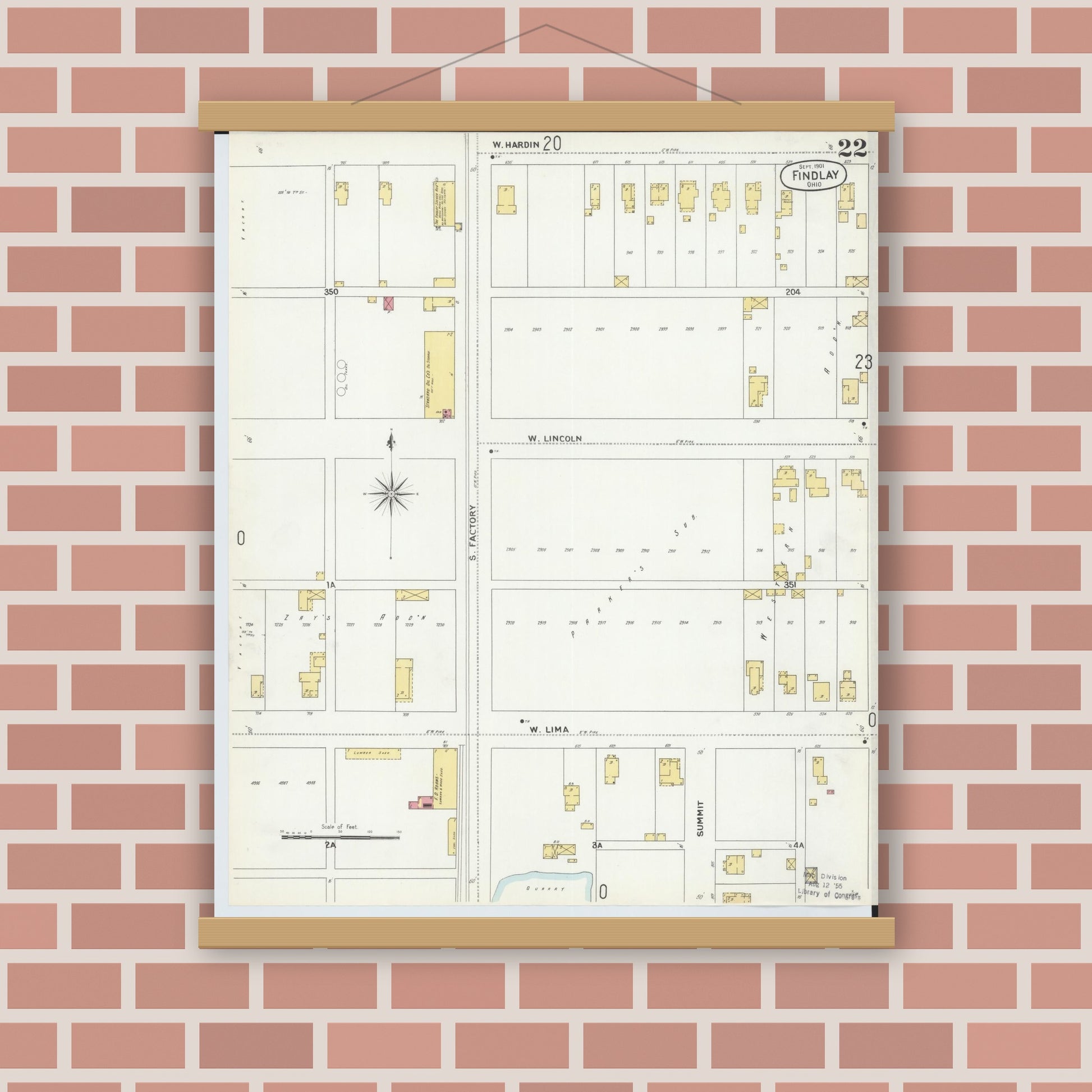 Old map wall art mockup — magnetic wood frame on brick wall — Sanborn Fire Insurance Map from Findlay, Hancock County, Ohio (1901), Sheet #0022