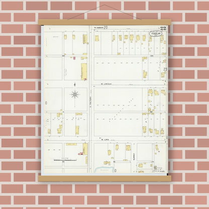 Old map wall art mockup — magnetic wood frame on brick wall — Sanborn Fire Insurance Map from Findlay, Hancock County, Ohio (1901), Sheet #0022