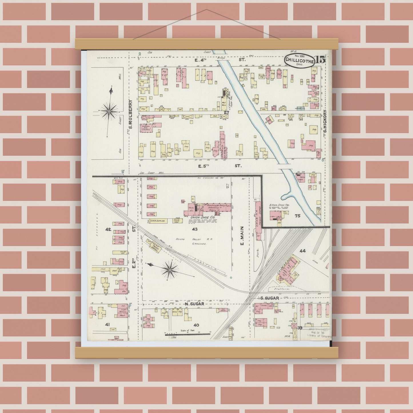 Old map wall art mockup — magnetic wood frame on brick wall — Sanborn Fire Insurance Map from Chillicothe, Ross County, Ohio (1890), Sheet #0015