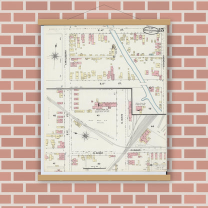 Old map wall art mockup — magnetic wood frame on brick wall — Sanborn Fire Insurance Map from Chillicothe, Ross County, Ohio (1890), Sheet #0015
