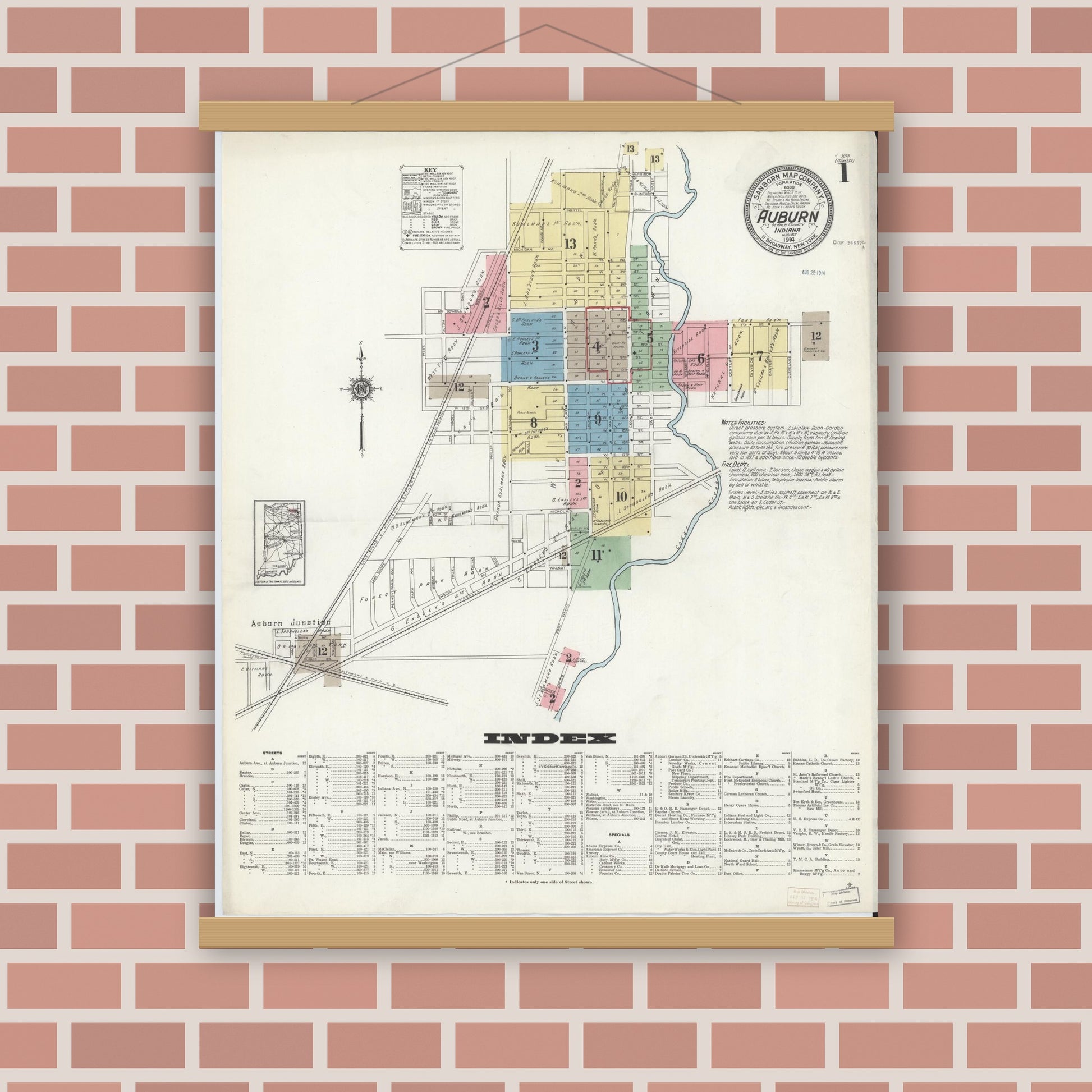 Old map wall art mockup — magnetic wood frame on brick wall — Sanborn Fire Insurance Map from Auburn, De Kalb County, Indiana (1914), Sheet #0001