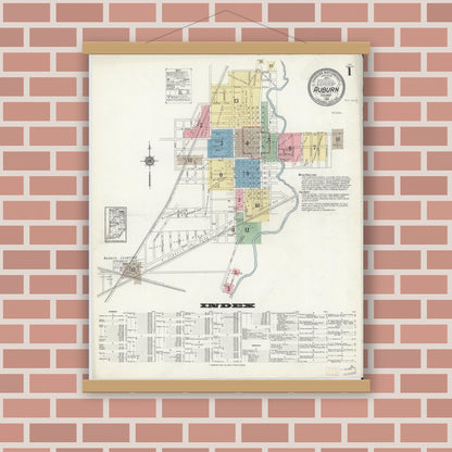 Old map wall art mockup — magnetic wood frame on brick wall — Sanborn Fire Insurance Map from Auburn, De Kalb County, Indiana (1914), Sheet #0001
