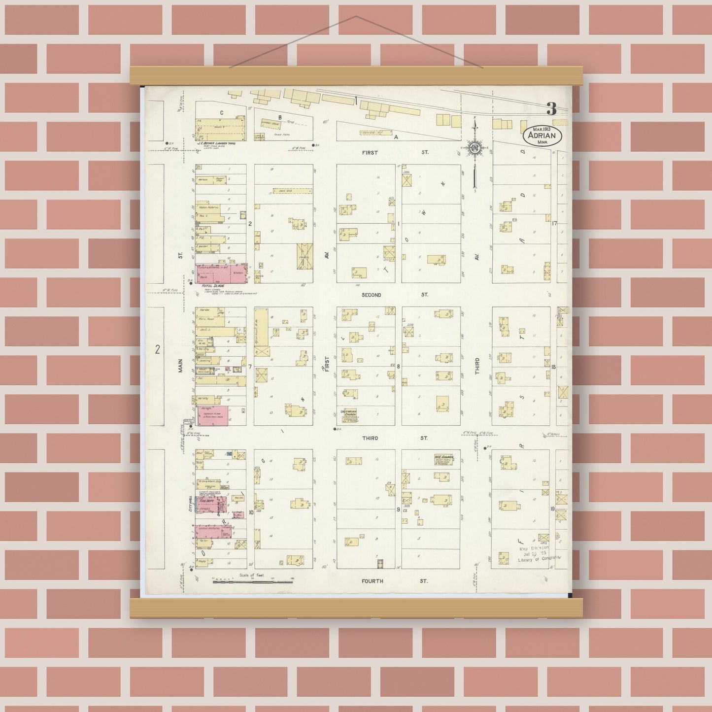 Old map wall art mockup — magnetic wood frame on brick wall — Sanborn Fire Insurance Map from Adrian, Nobles County, Minnesota (1913), Sheet #0003