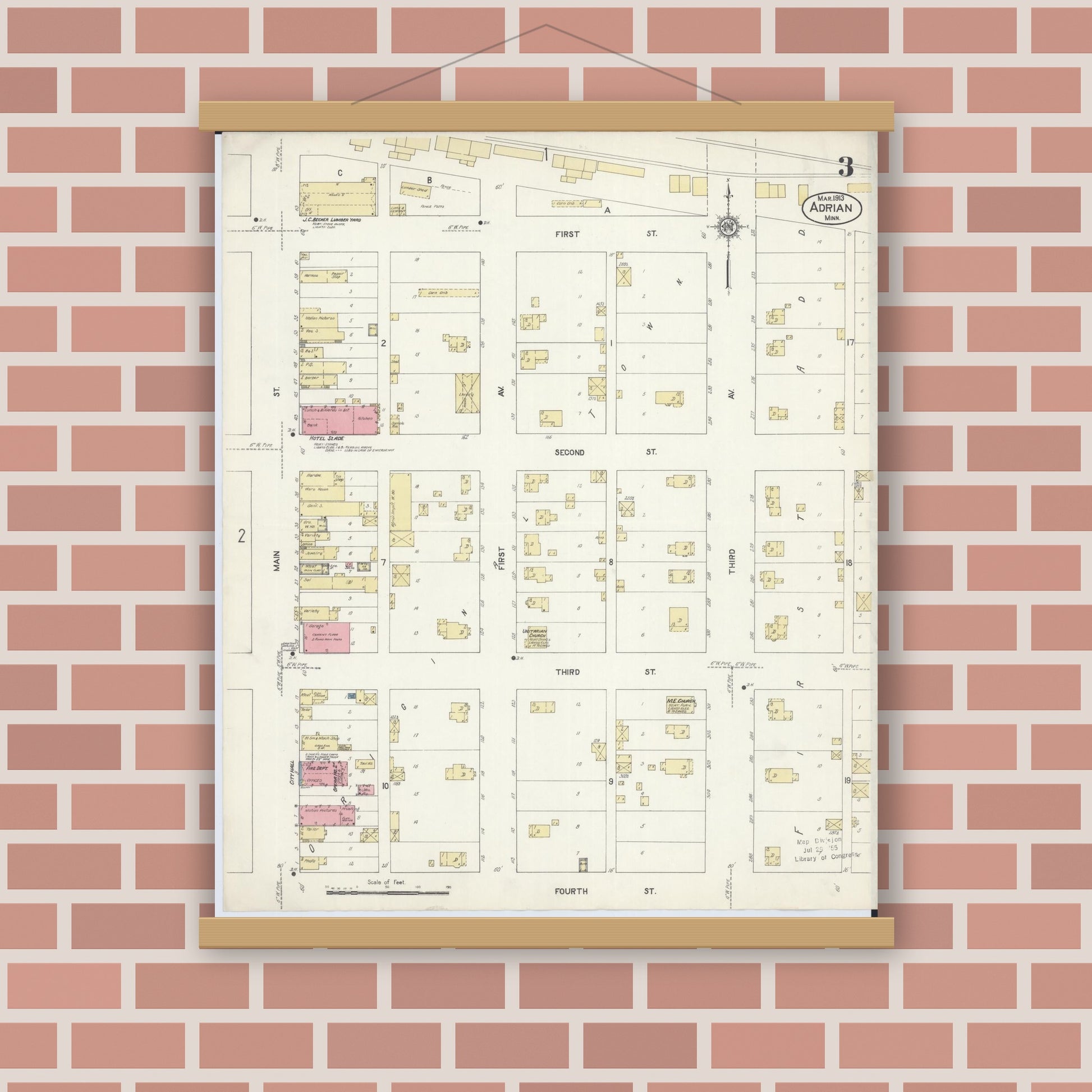 Old map wall art mockup — magnetic wood frame on brick wall — Sanborn Fire Insurance Map from Adrian, Nobles County, Minnesota (1913), Sheet #0003
