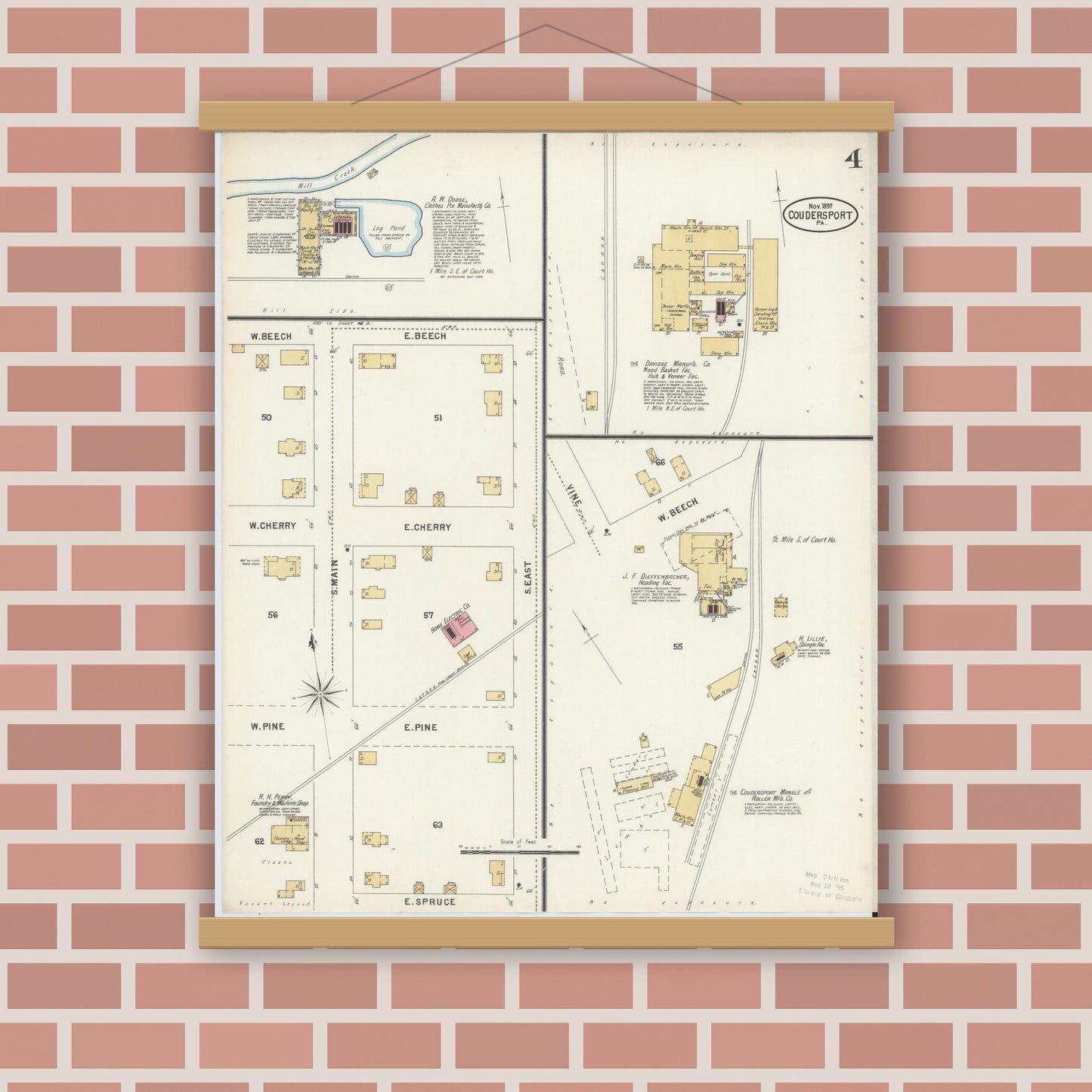 Old map wall art mockup — magnetic wood frame on brick wall — Sanborn Fire Insurance Map from Coudersport, Potter County, Pennsylvania (1897), Sheet #0004