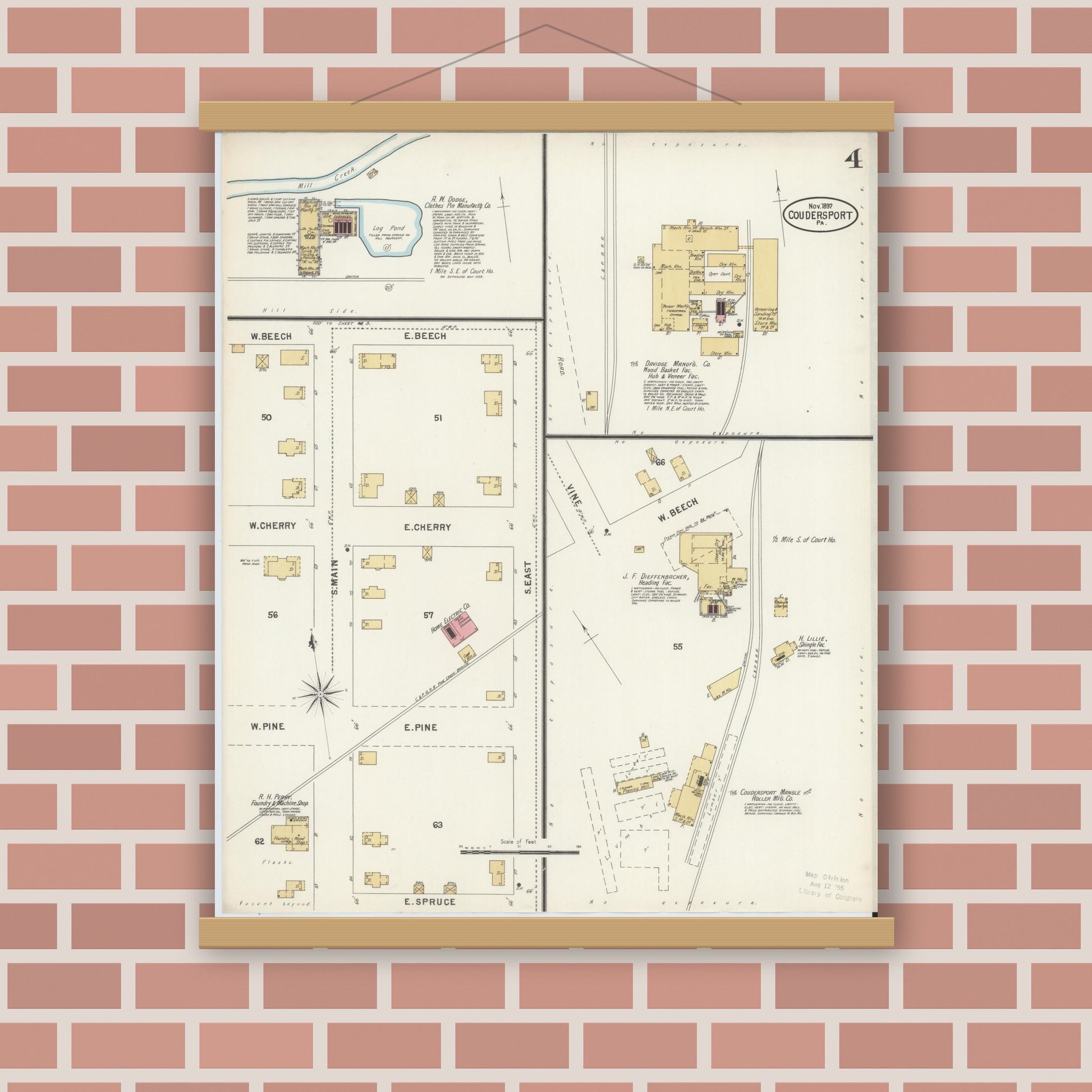 Old map wall art mockup — magnetic wood frame on brick wall — Sanborn Fire Insurance Map from Coudersport, Potter County, Pennsylvania (1897), Sheet #0004