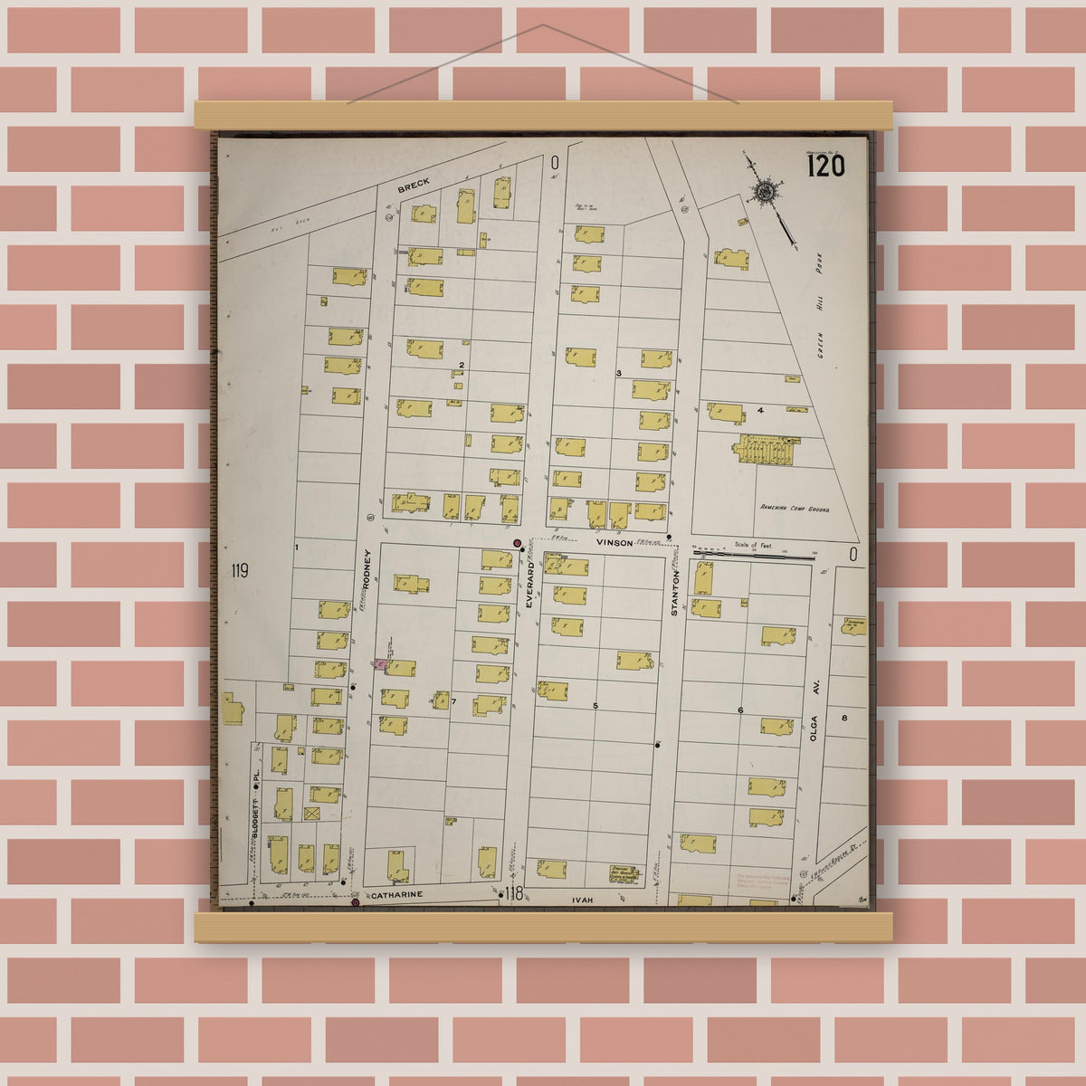 Old map wall art mockup — magnetic wood frame on brick wall — Sanborn Fire Insurance Map from Worcester, Worcester County, Massachusetts (1910), Sheet #0120