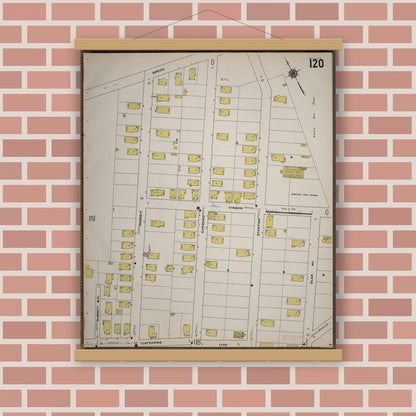 Old map wall art mockup — magnetic wood frame on brick wall — Sanborn Fire Insurance Map from Worcester, Worcester County, Massachusetts (1910), Sheet #0120
