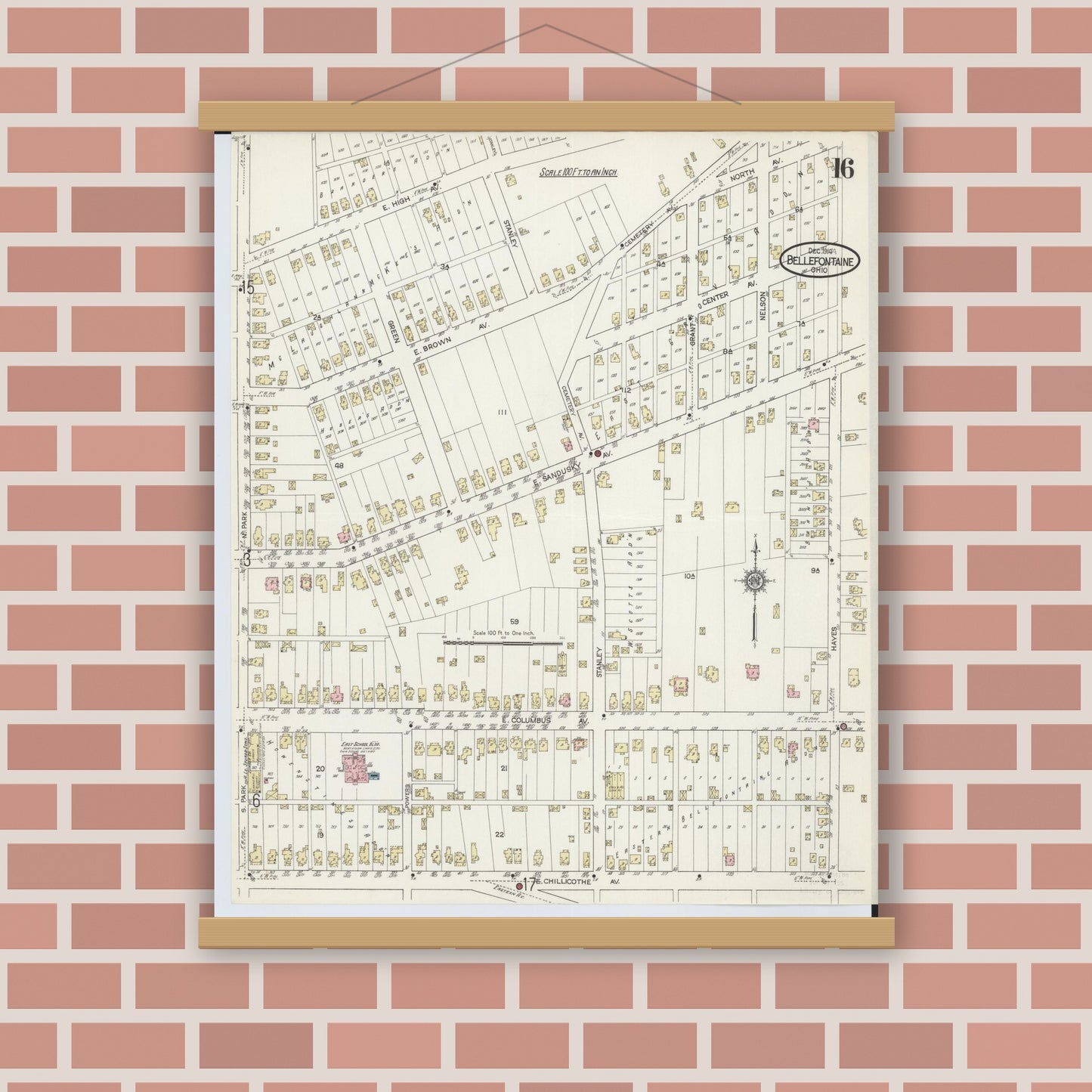 Old map wall art mockup — magnetic wood frame on brick wall — Sanborn Fire Insurance Map from Bellefontaine, Logan County, Ohio (1914), Sheet #0016