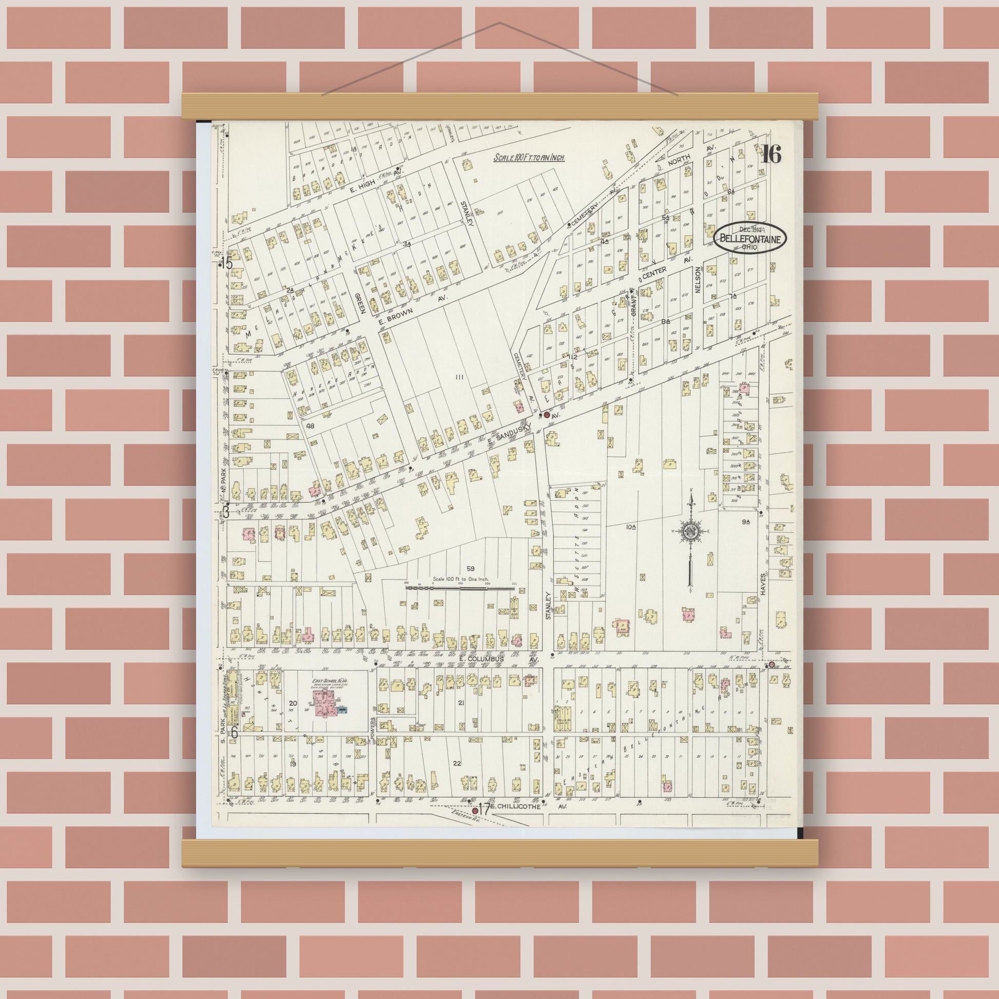Old map wall art mockup — magnetic wood frame on brick wall — Sanborn Fire Insurance Map from Bellefontaine, Logan County, Ohio (1914), Sheet #0016