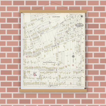 Old map wall art mockup — magnetic wood frame on brick wall — Sanborn Fire Insurance Map from Bellefontaine, Logan County, Ohio (1914), Sheet #0016