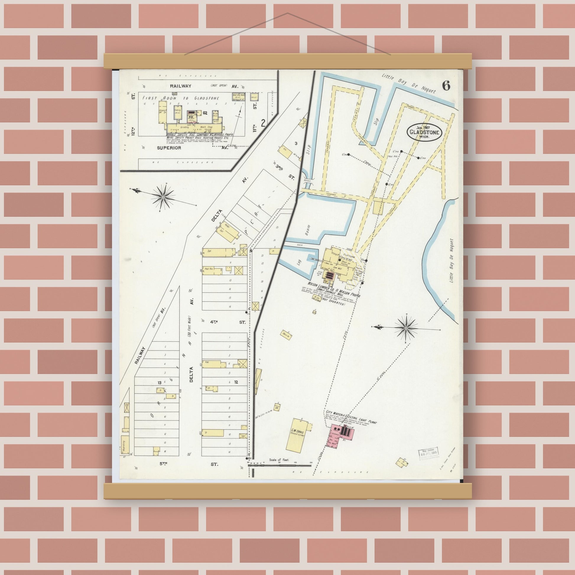 Old map wall art mockup — magnetic wood frame on brick wall — Sanborn Fire Insurance Map from Gladstone, Delta County, Michigan (1907), Sheet #0006