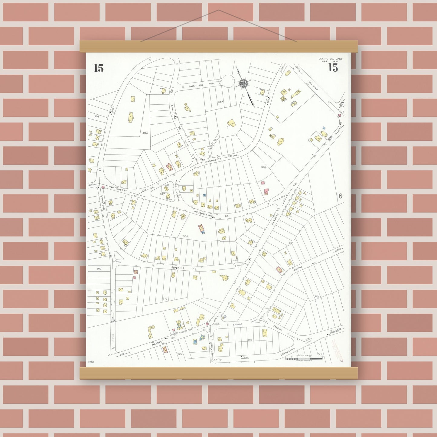 Old map wall art mockup — magnetic wood frame on brick wall — Sanborn Fire Insurance Map from Lexington, Middlesex County, Massachusetts (1935), Sheet #0015
