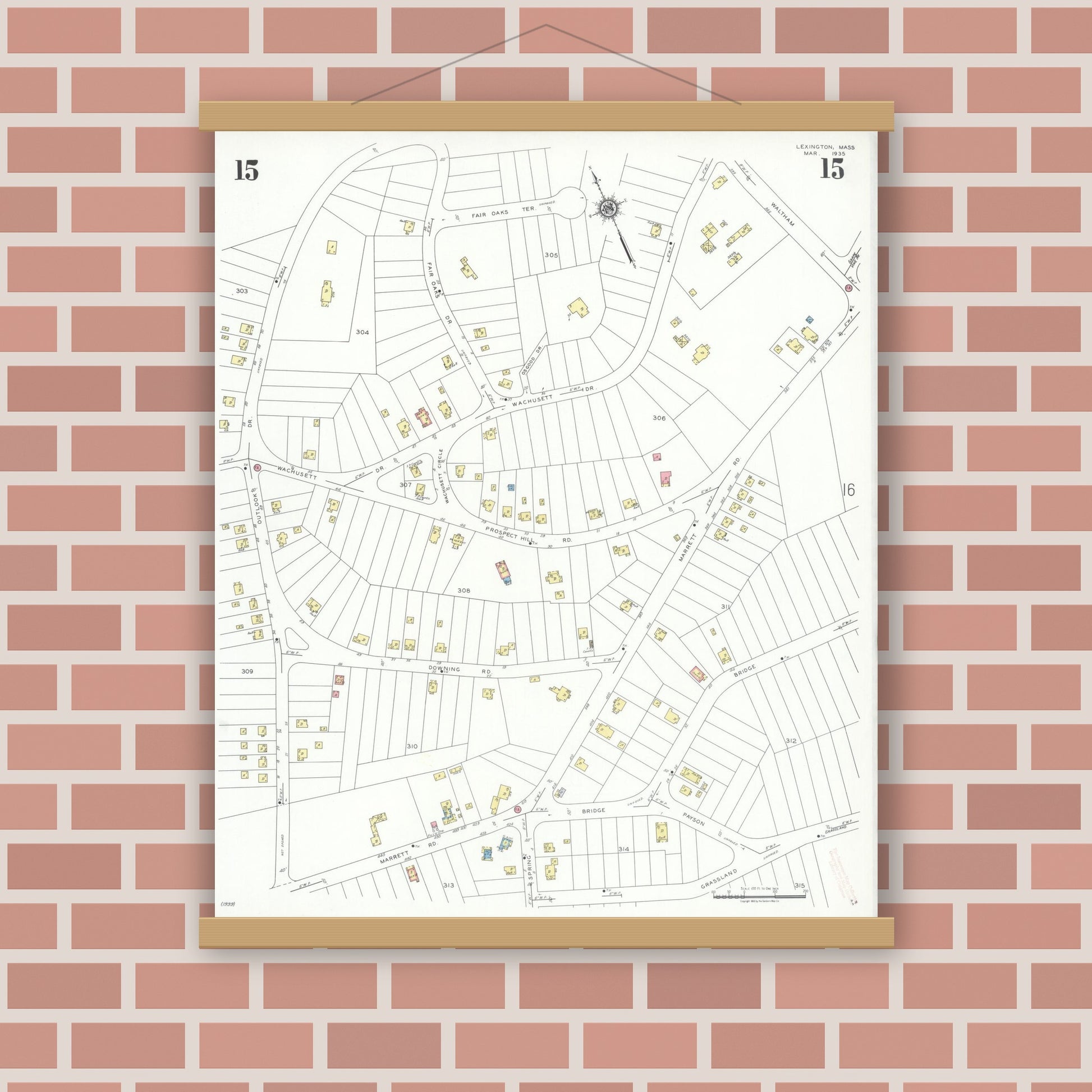 Old map wall art mockup — magnetic wood frame on brick wall — Sanborn Fire Insurance Map from Lexington, Middlesex County, Massachusetts (1935), Sheet #0015