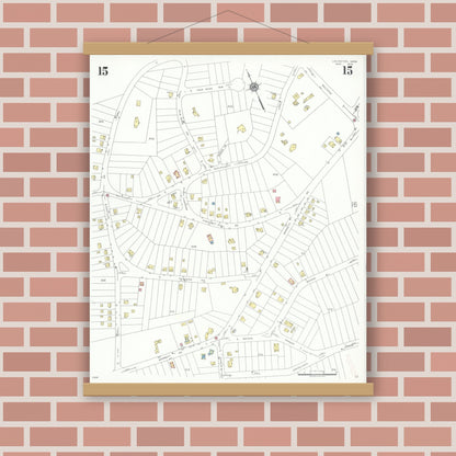 Old map wall art mockup — magnetic wood frame on brick wall — Sanborn Fire Insurance Map from Lexington, Middlesex County, Massachusetts (1935), Sheet #0015