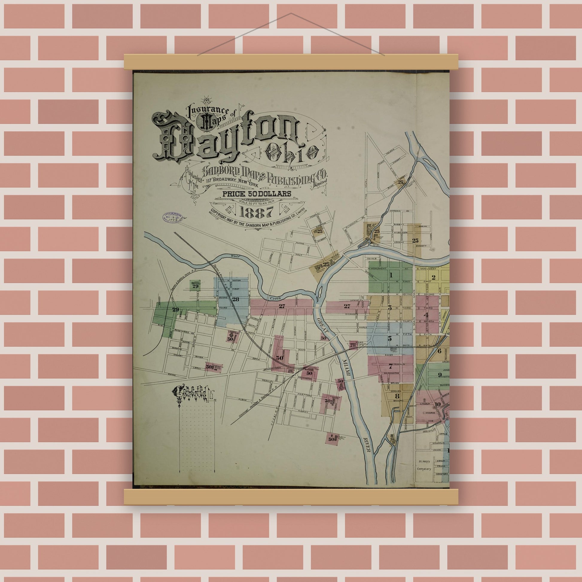 Old map wall art mockup — magnetic wood frame on brick wall — Sanborn Fire Insurance Map from Dayton, Montgomery County, Ohio (1887), Sheet #0001
