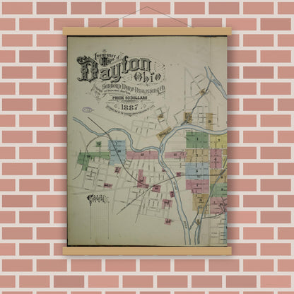 Old map wall art mockup — magnetic wood frame on brick wall — Sanborn Fire Insurance Map from Dayton, Montgomery County, Ohio (1887), Sheet #0001