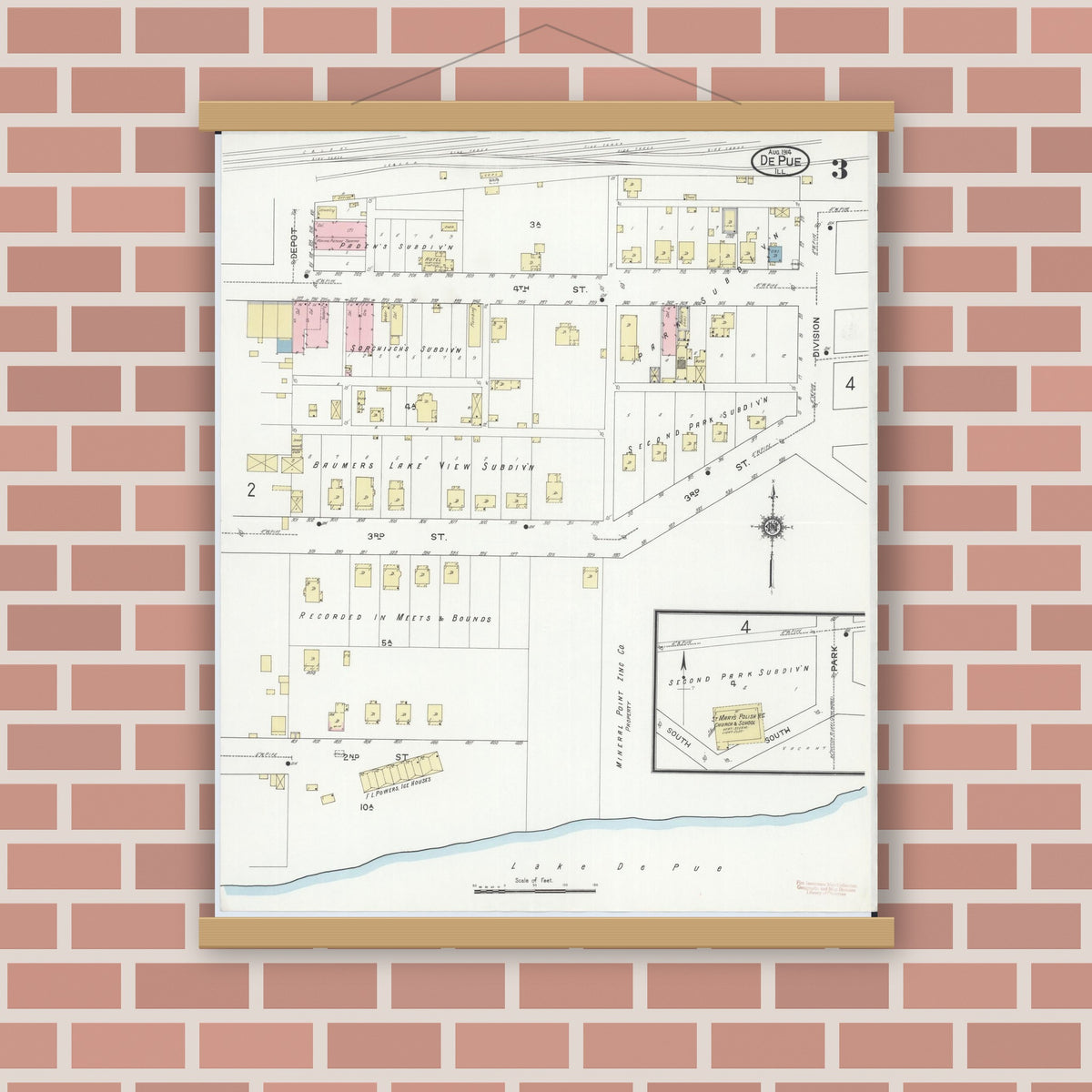 Old map wall art mockup — magnetic wood frame on brick wall — Sanborn Fire Insurance Map from De Pue, Bureau County, Illinois (1914), Sheet #0003
