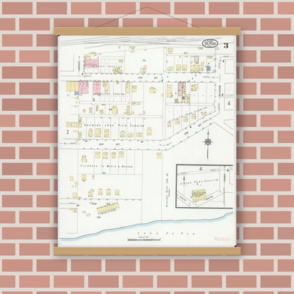 Old map wall art mockup — magnetic wood frame on brick wall — Sanborn Fire Insurance Map from De Pue, Bureau County, Illinois (1914), Sheet #0003