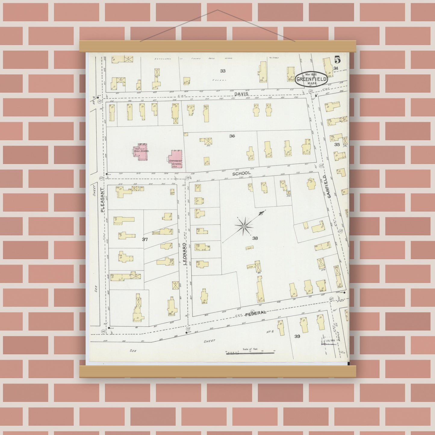 Old map wall art mockup — magnetic wood frame on brick wall — Sanborn Fire Insurance Map from Greenfield, Franklin County, Massachusetts (1892), Sheet #0005