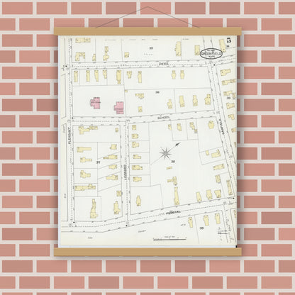 Old map wall art mockup — magnetic wood frame on brick wall — Sanborn Fire Insurance Map from Greenfield, Franklin County, Massachusetts (1892), Sheet #0005