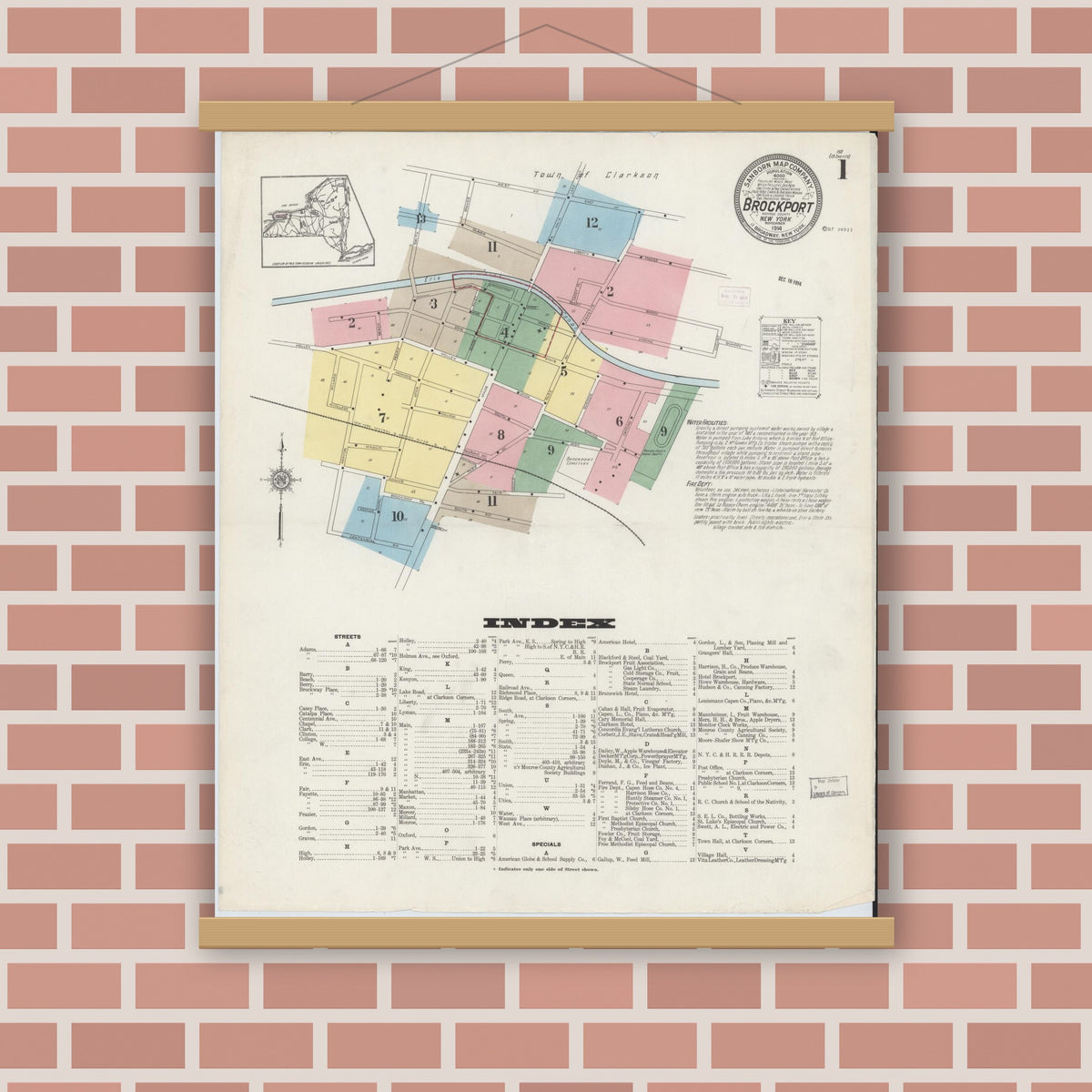 Old map wall art mockup — magnetic wood frame on brick wall — Sanborn Fire Insurance Map from Brockport, Monroe County, New York (1914), Sheet #0001