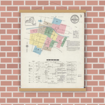 Old map wall art mockup — magnetic wood frame on brick wall — Sanborn Fire Insurance Map from Brockport, Monroe County, New York (1914), Sheet #0001