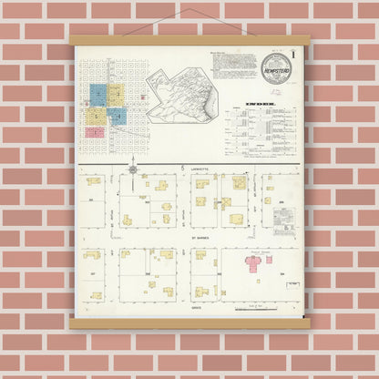 Old map wall art mockup — magnetic wood frame on brick wall — Sanborn Fire Insurance Map from Hempstead, Waller County, Texas (1912) - Complete Map Set