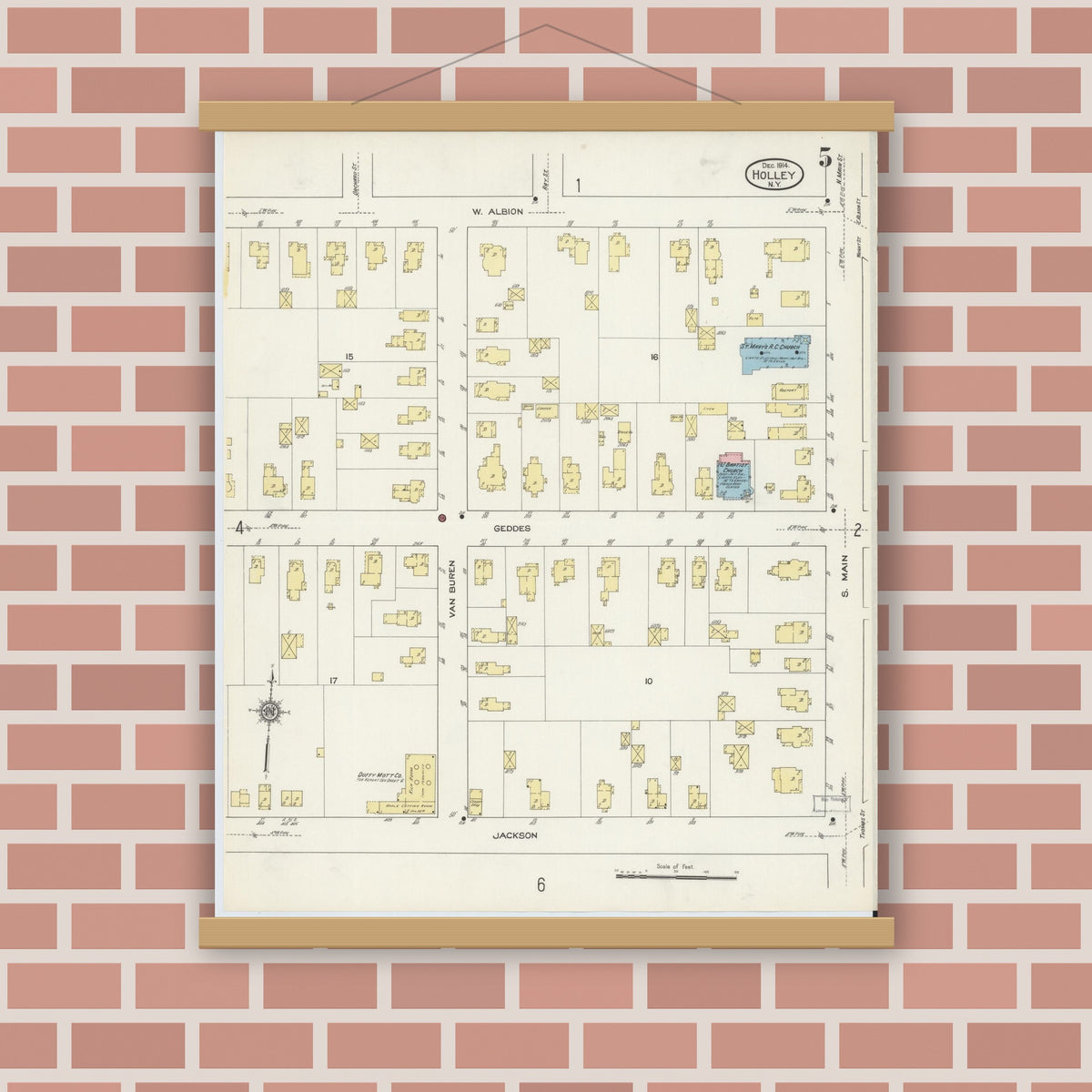 Old map wall art mockup — magnetic wood frame on brick wall — Sanborn Fire Insurance Map from Holley, Orleans County, New York (1914), Sheet #0005