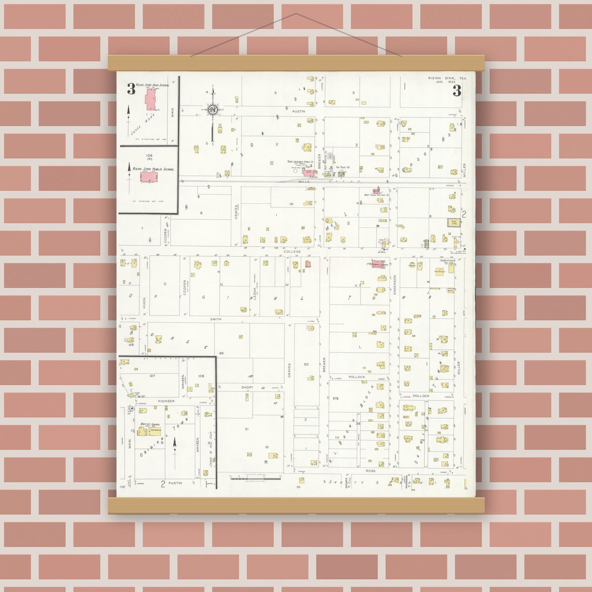 Old map wall art mockup — magnetic wood frame on brick wall — Sanborn Fire Insurance Map from Rising Star, Eastland County, Texas (1933), Sheet #0003