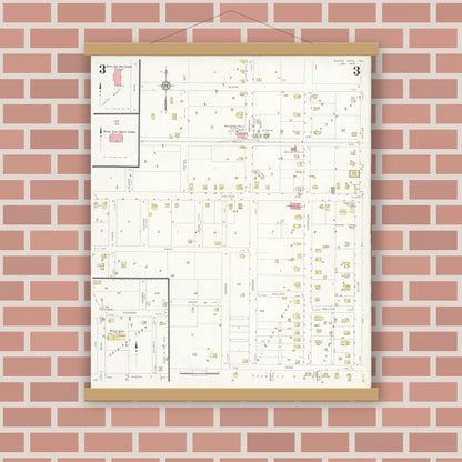 Old map wall art mockup — magnetic wood frame on brick wall — Sanborn Fire Insurance Map from Rising Star, Eastland County, Texas (1933), Sheet #0003