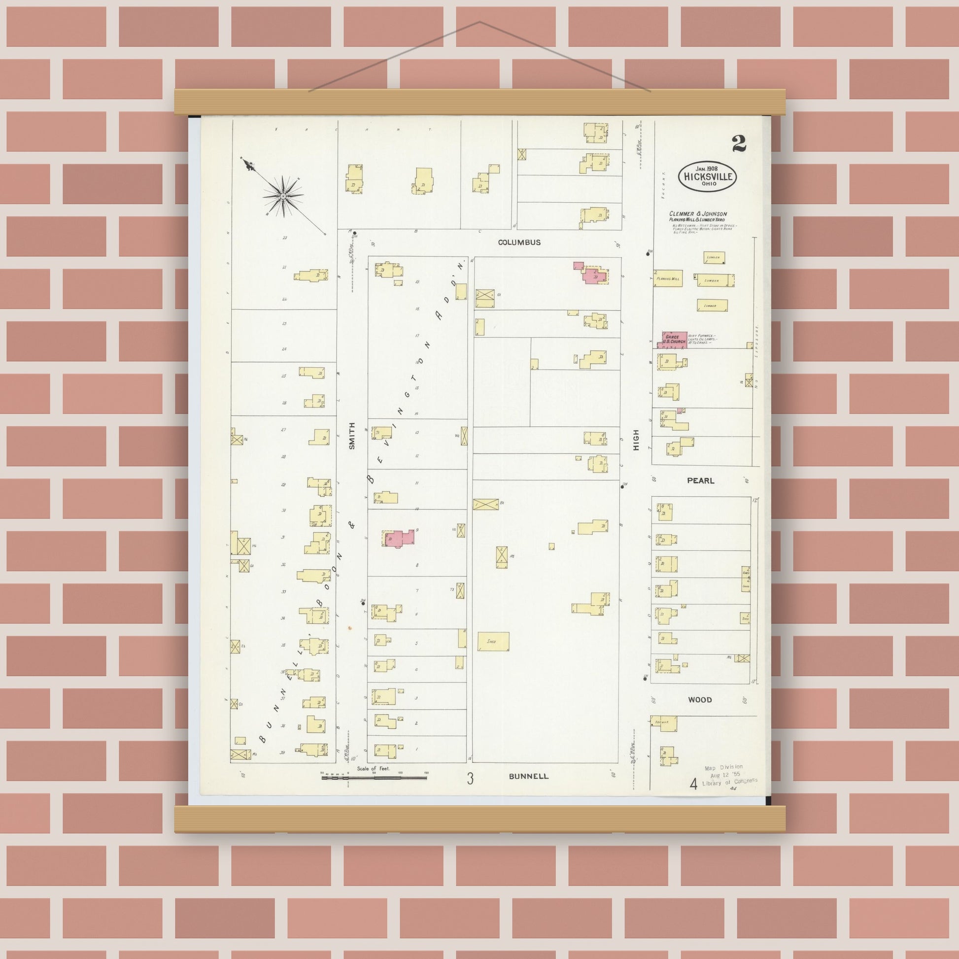 Old map wall art mockup — magnetic wood frame on brick wall — Sanborn Fire Insurance Map from Hicksville, Defiance County, Ohio (1908), Sheet #0002