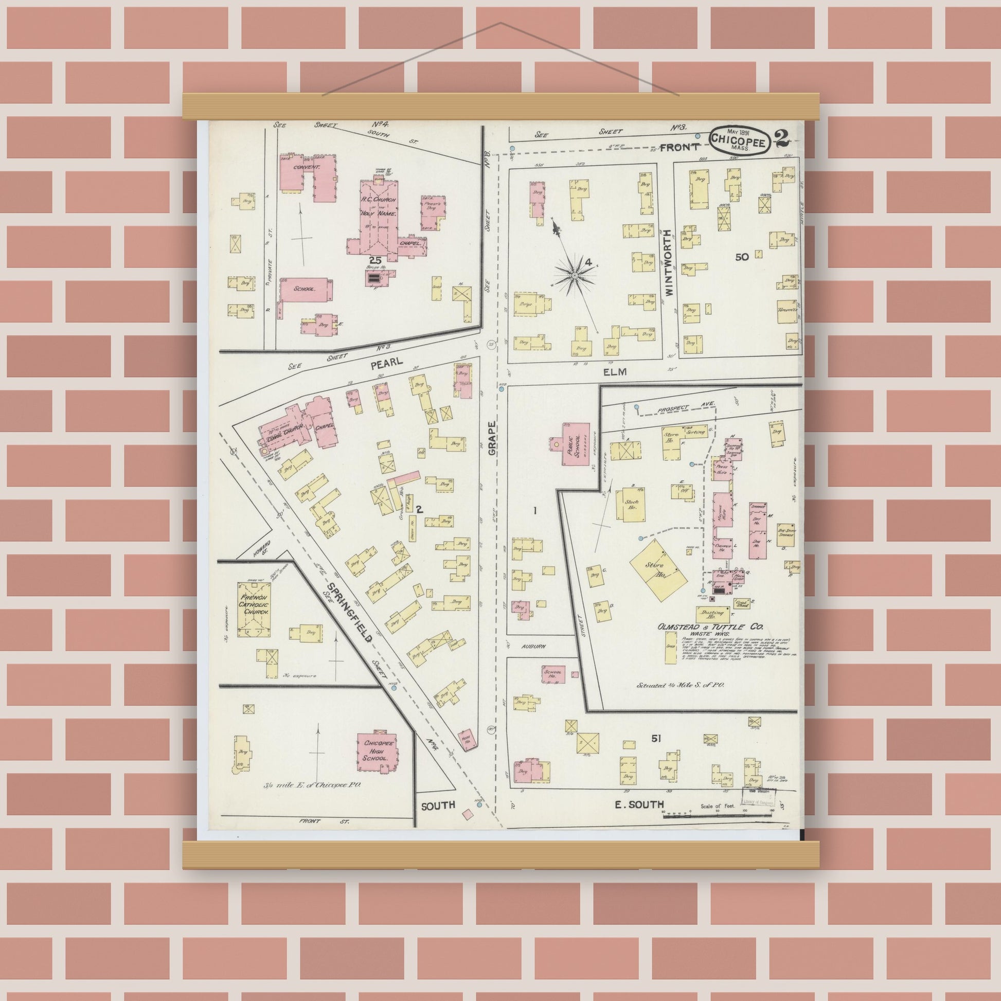 Old map wall art mockup — magnetic wood frame on brick wall — Sanborn Fire Insurance Map from Chicopee, Hampden County, Massachusetts (1891) - Complete Map Set