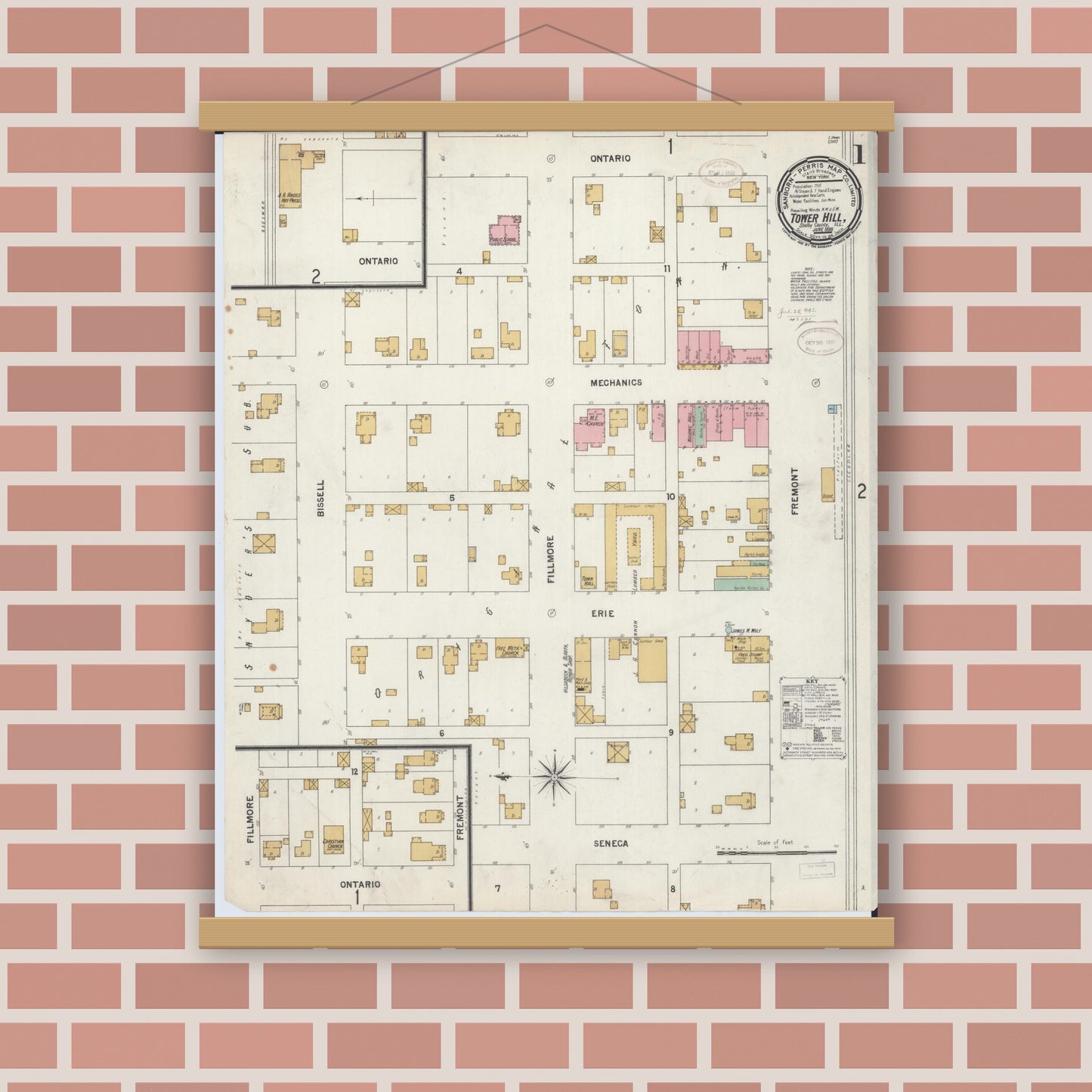 Old map wall art mockup — magnetic wood frame on brick wall — Sanborn Fire Insurance Map from Tower Hill, Shelby County, Illinois (1899) - Complete Map Set