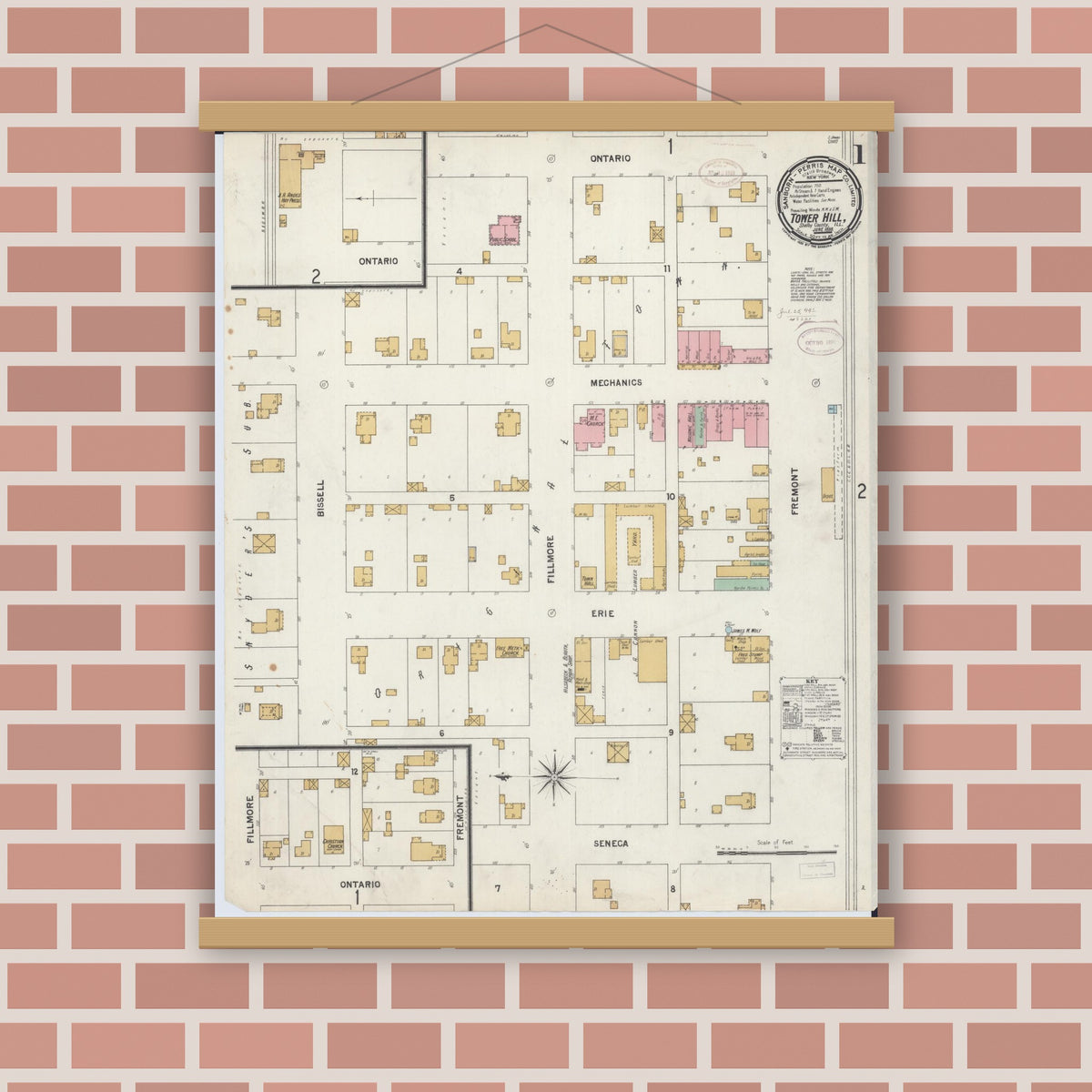 Old map wall art mockup — magnetic wood frame on brick wall — Sanborn Fire Insurance Map from Tower Hill, Shelby County, Illinois (1899) - Complete Map Set