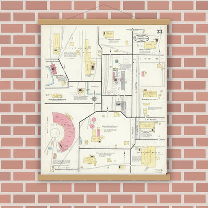 Old map wall art mockup — magnetic wood frame on brick wall — Sanborn Fire Insurance Map from Bloomington, Monroe County, Indiana (1913), Sheet #0023