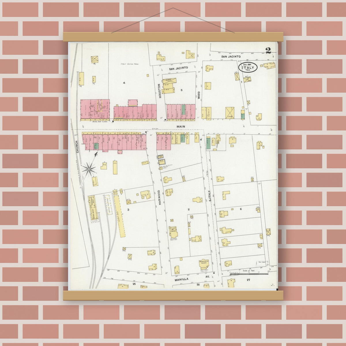 Old map wall art mockup — magnetic wood frame on brick wall — Sanborn Fire Insurance Map from Italy, Ellis County, Texas (1904), Sheet #0002