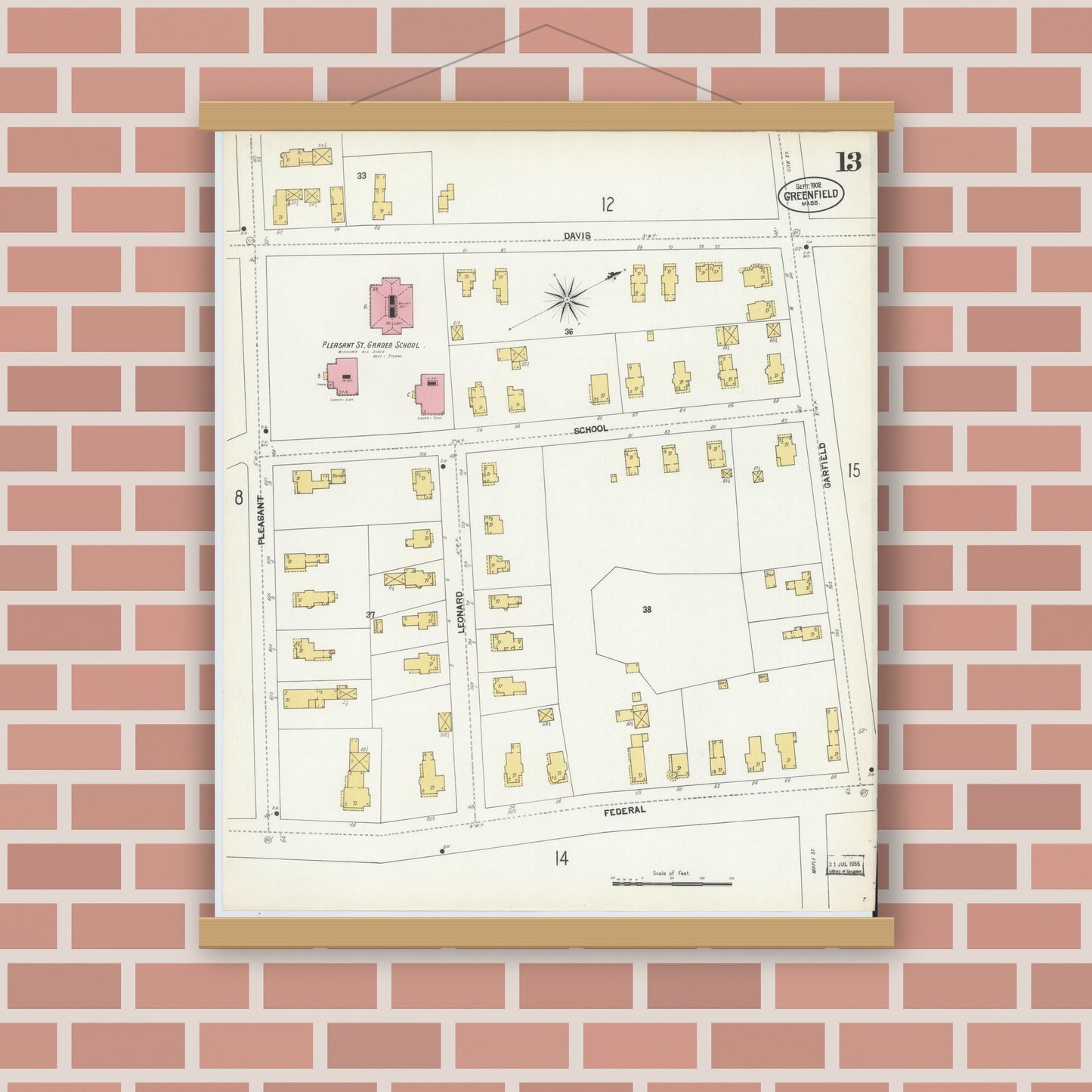 Old map wall art mockup — magnetic wood frame on brick wall — Sanborn Fire Insurance Map from Greenfield, Franklin County, Massachusetts (1902), Sheet #0013