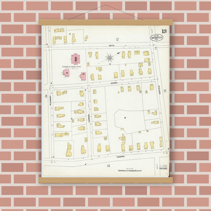 Old map wall art mockup — magnetic wood frame on brick wall — Sanborn Fire Insurance Map from Greenfield, Franklin County, Massachusetts (1902), Sheet #0013